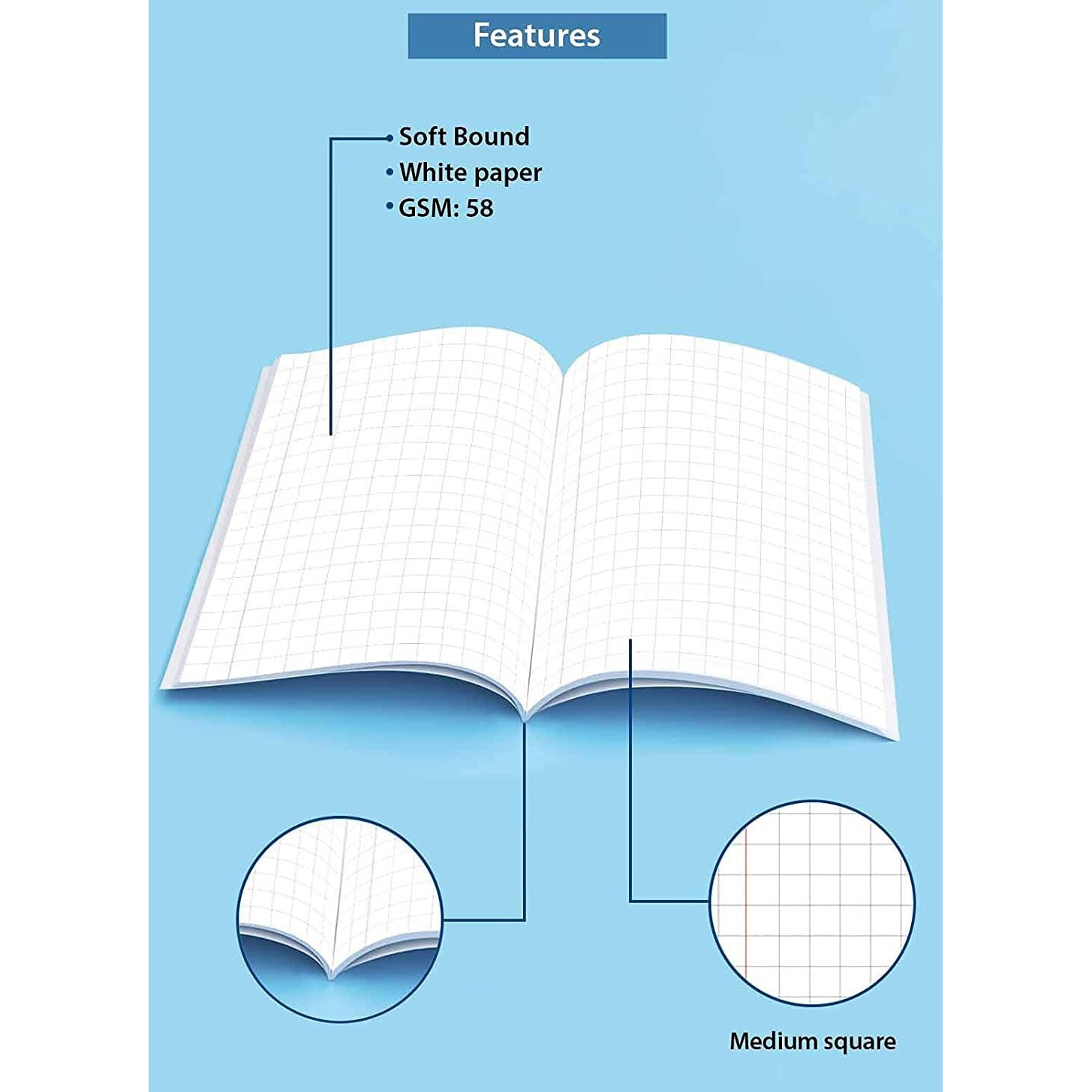 Rush 80 Pages (Pack of 6) Square Ruled Exercise King Size Maths School Notebooks for Students | Square Ruled Notebook for Maths | 240 x 180 MM