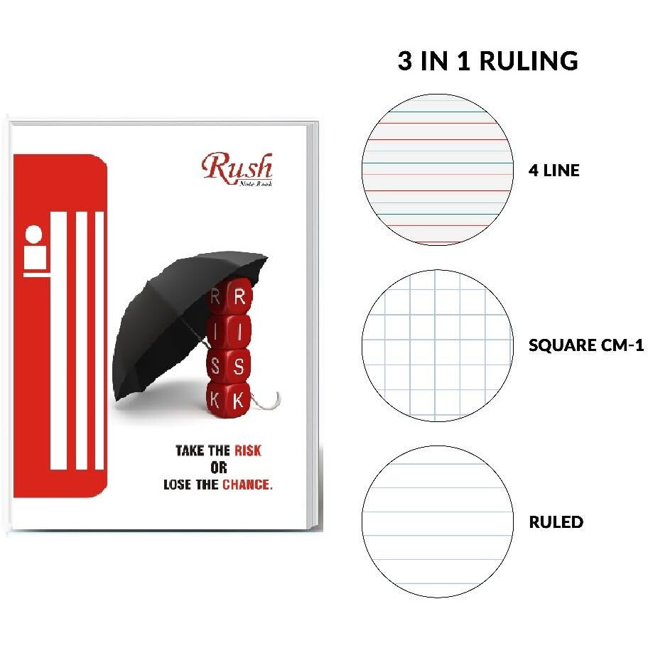 Rush 80 Pages (Pack of 6) 3 in 1 Notebook | Single Line Notebook, Four Line and Maths Square Exercise King Size School Notebooks for Students | 240 x 180 MM
