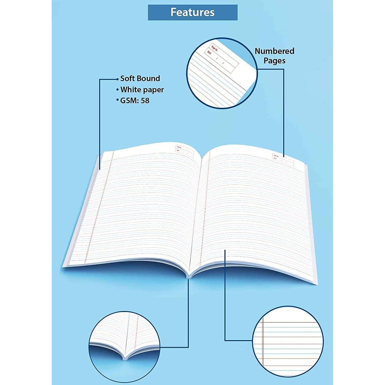 Rush 120 Pages (Pack of 4) Four Line Exercise King Size School Notebooks for Students | 4 Line English Notebook | 24 x 18 CM