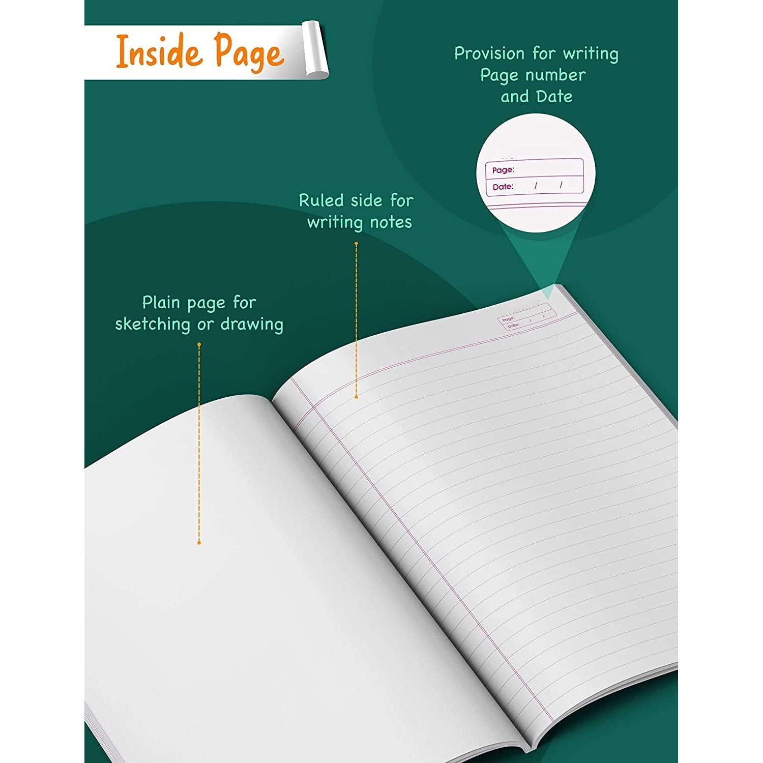 Rush 120 Pages (Pack of 4) Interleaf with Single Line Exercise King Size School Notebooks for Students | Interleaf Notebook | 24 x 18 CM