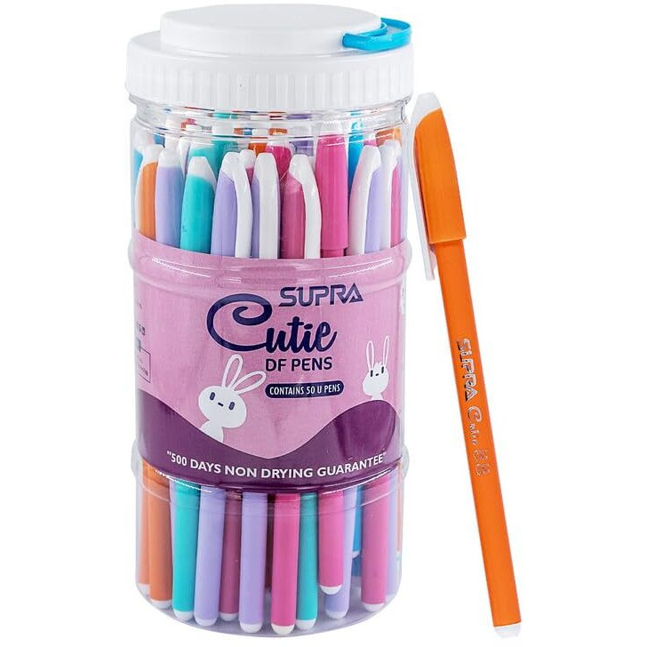 Supra Cutie Df 0.7mm Ball Point Pen Jar Pack | Lightweight & Attractive Body Colors | Ergonomic Grip for Easy Handling | Cute & Stylish Body Designs | Smooth and Fast Writing | Blue Ink, Pack of 50