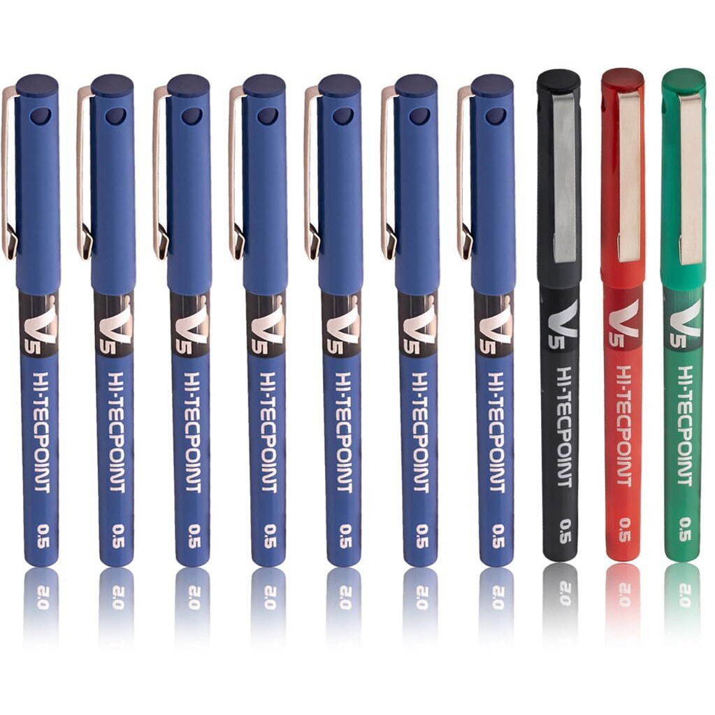 Pilot V5 Roller Fine Ball Pen Pack of 10 (7 Blue, 1 Black, 1 Red, 1 Green)