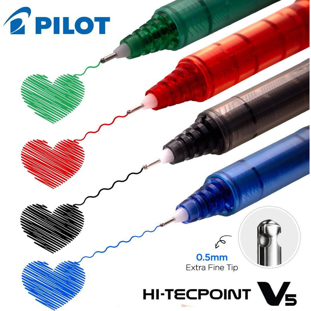 Pilot V5 Roller Fine Ball Pen Pack of 10 (7 Blue, 1 Black, 1 Red, 1 Green)