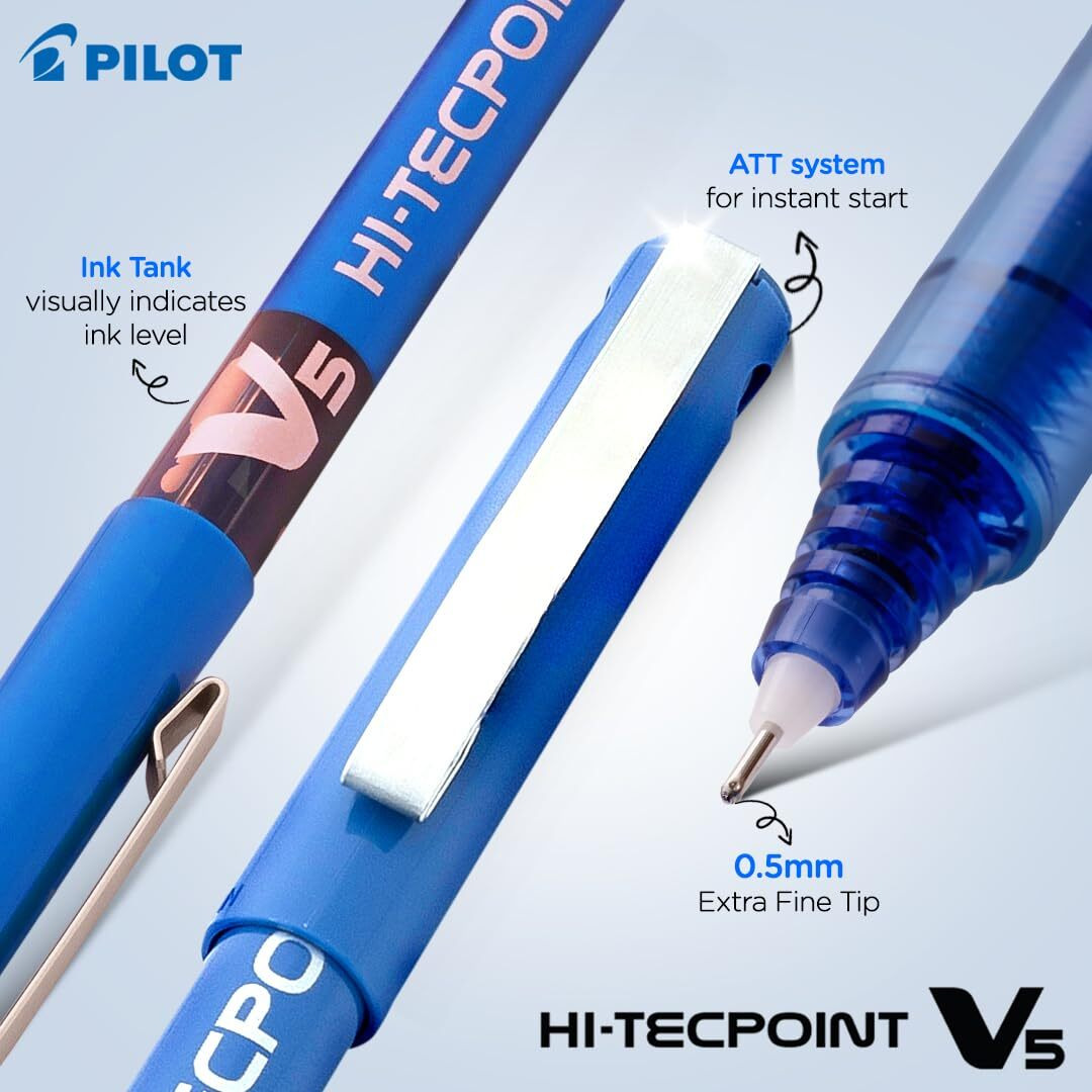 Pilot V5 Roller Fine Ball Pen Pack of 10 (7 Blue, 1 Black, 1 Red, 1 Green)