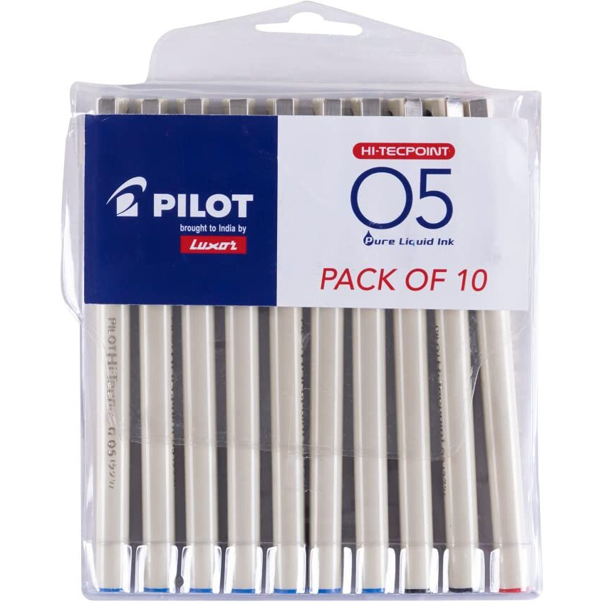 Pilot Hi-Tecpoint O5 0.5mm Extra Fine Point Roller Ball Pen | Pack Of 10 (7 Blue + 2 Black + 1 Red)
