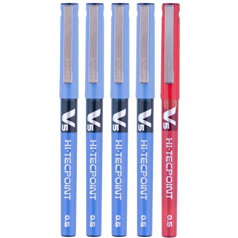 Pilot Hi-Tecpoint V5 0.5mm Extra Fine Point Pure Liquid Ink Roller Ball Pen | Pack Of 5 (4 Blue + 1 Red)