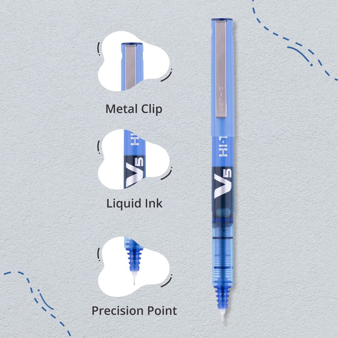 Pilot Hi-Tecpoint V5 0.5mm Extra Fine Point Pure Liquid Ink Roller Ball Pen | Pack Of 5 (4 Blue + 1 Red)