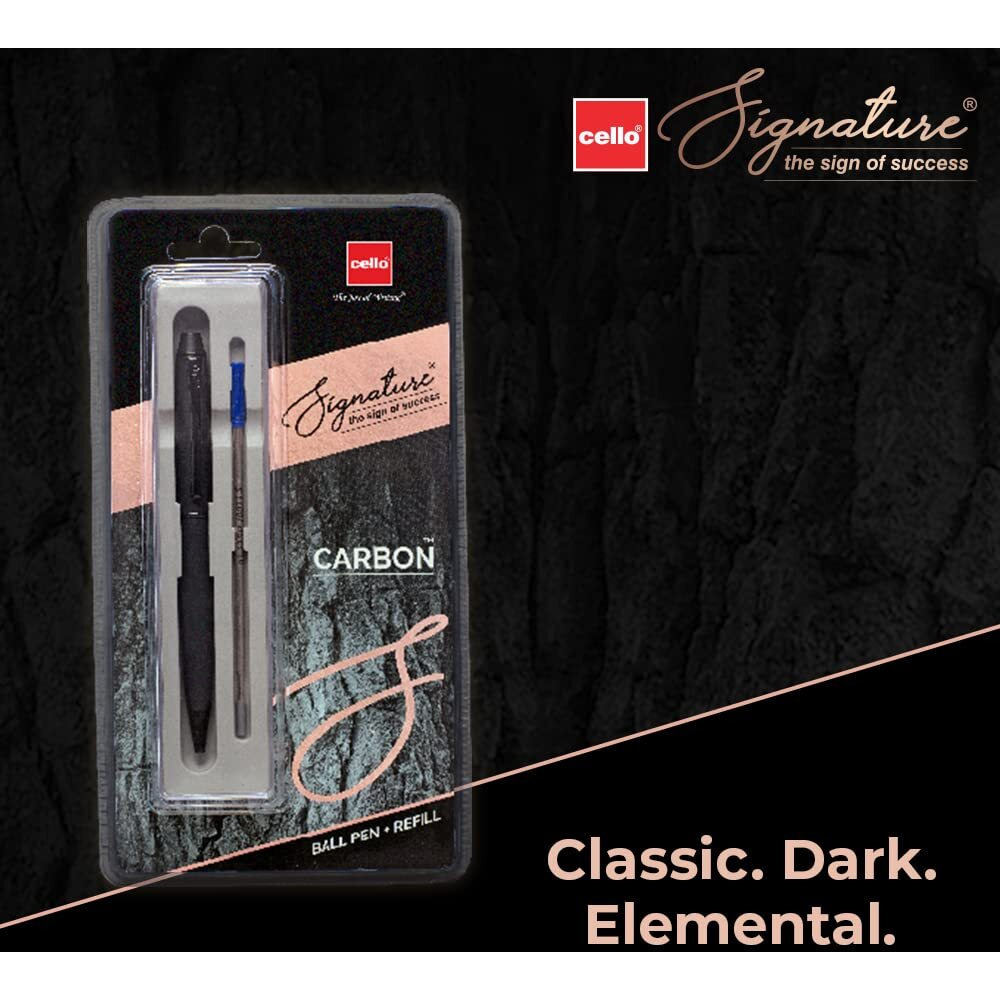 Cello Signature Carbon Ball Pen + Refill Pack | Blue Ink | 1 Ball Pen + 1 Refill | Matte Black Finish | Premium Metal Pen for Gift | Stylish Corporate & New Year Gifts for Men & Women