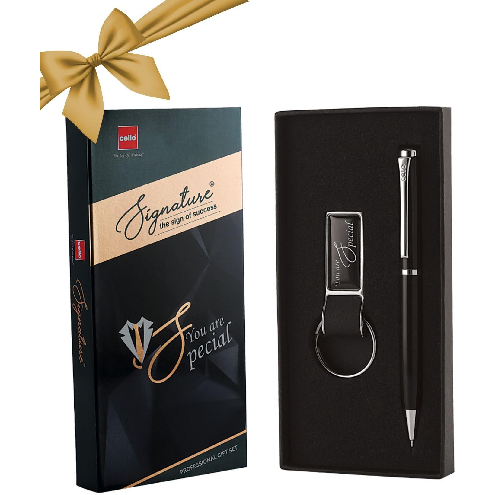 Cello Signature Professional Gift Set | Blue Ink | 1 Ball Pen + 1 Metal Keychain | Black & Silver Finish | Premium Metal Pen for Gift | Stylish Corporate & New Year Gifts for Men & Women