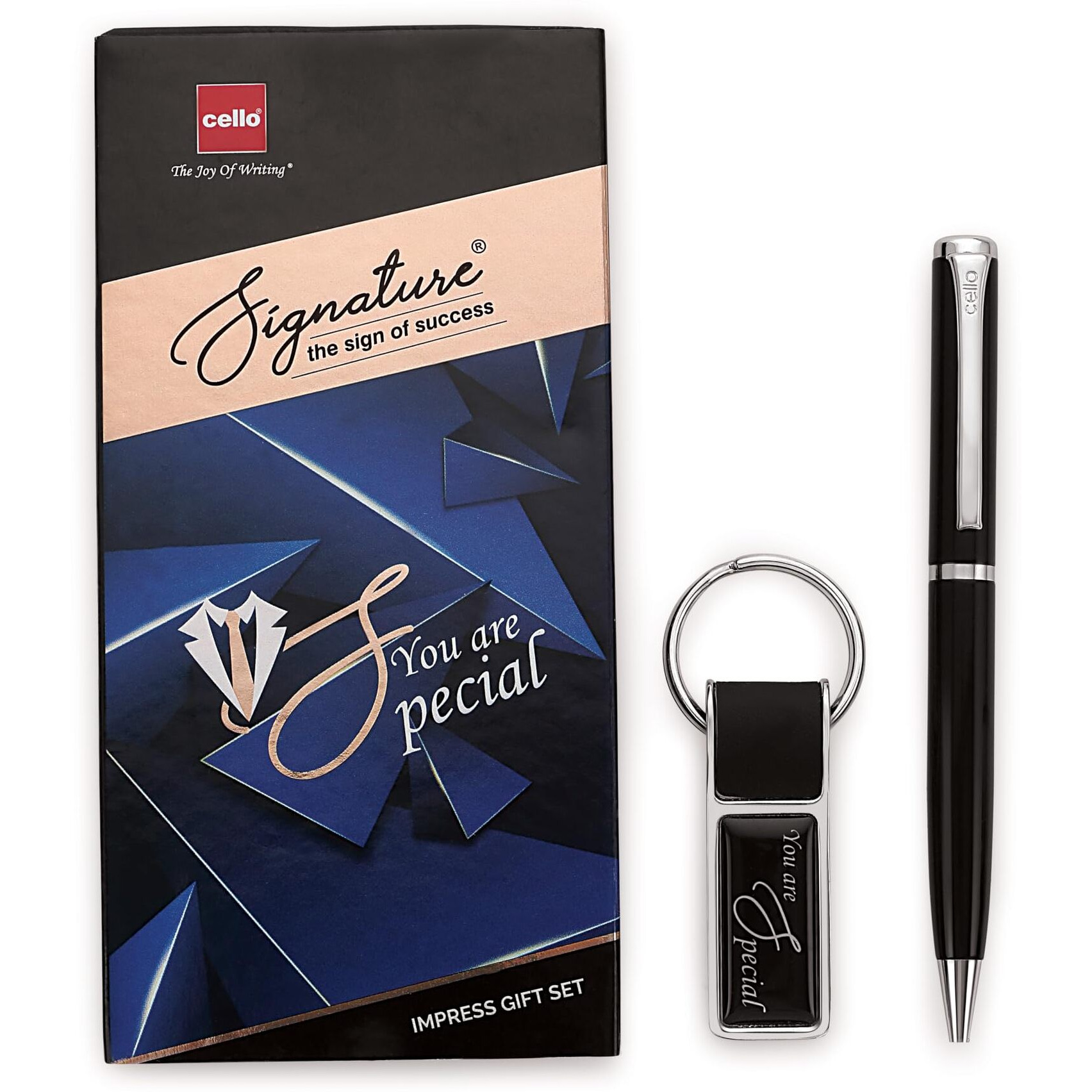 Cello Signature Professional Gift Set | Blue Ink | 1 Ball Pen + 1 Metal Keychain | Black & Silver Finish | Premium Metal Pen for Gift | Stylish Corporate & New Year Gifts for Men & Women
