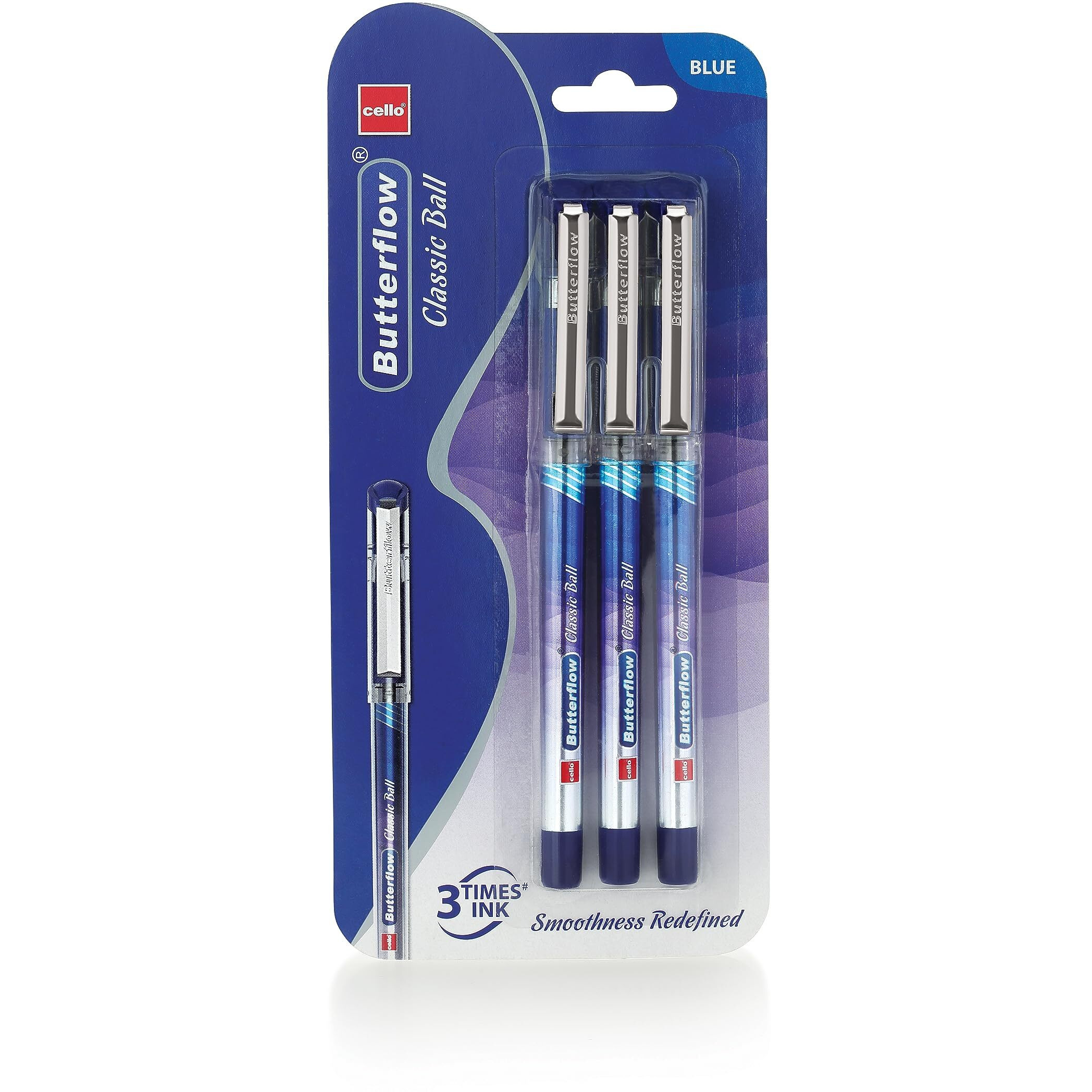 Cello Butterflow Classic Ball Pen Set | Pack of 3 Ball Pens | 3 Blue Ink Colour Pens | Longer and Smoother Writing Experience | For School and Office Use | Best Pen for Exams