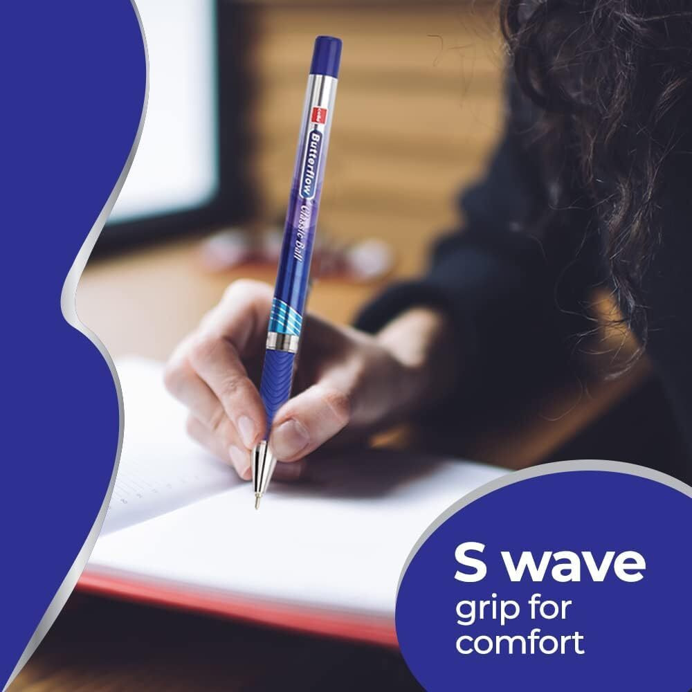 Cello Butterflow Classic Ball Pen Set | Pack of 3 Ball Pens | 3 Blue Ink Colour Pens | Longer and Smoother Writing Experience | For School and Office Use | Best Pen for Exams