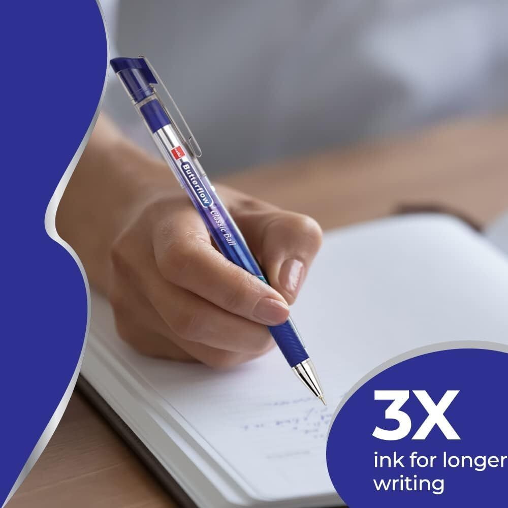 Cello Butterflow Classic Ball Pen Set | Pack of 3 Ball Pens | 3 Blue Ink Colour Pens | Longer and Smoother Writing Experience | For School and Office Use | Best Pen for Exams