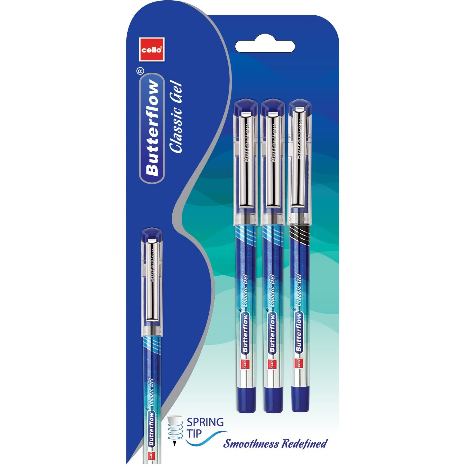Cello Butterflow Classic Gel Pen Set | Pack of 3 Gel Pens | 2 Blue & 1 Black Ink Colour Pens | Spring Tip | Smooth Writing Experience | For School and Office Use | Best Pen for Exams