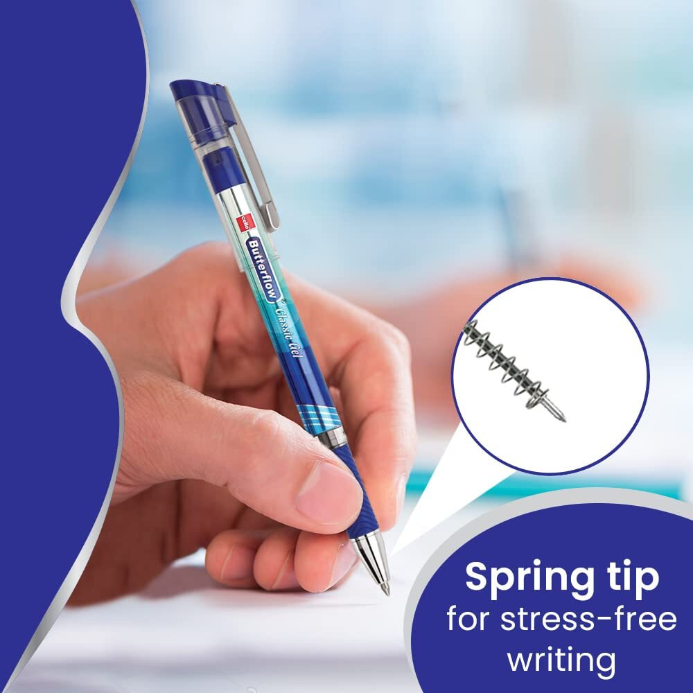 Cello Butterflow Classic Gel Pen Set | Pack of 3 Gel Pens | 2 Blue & 1 Black Ink Colour Pens | Spring Tip | Smooth Writing Experience | For School and Office Use | Best Pen for Exams