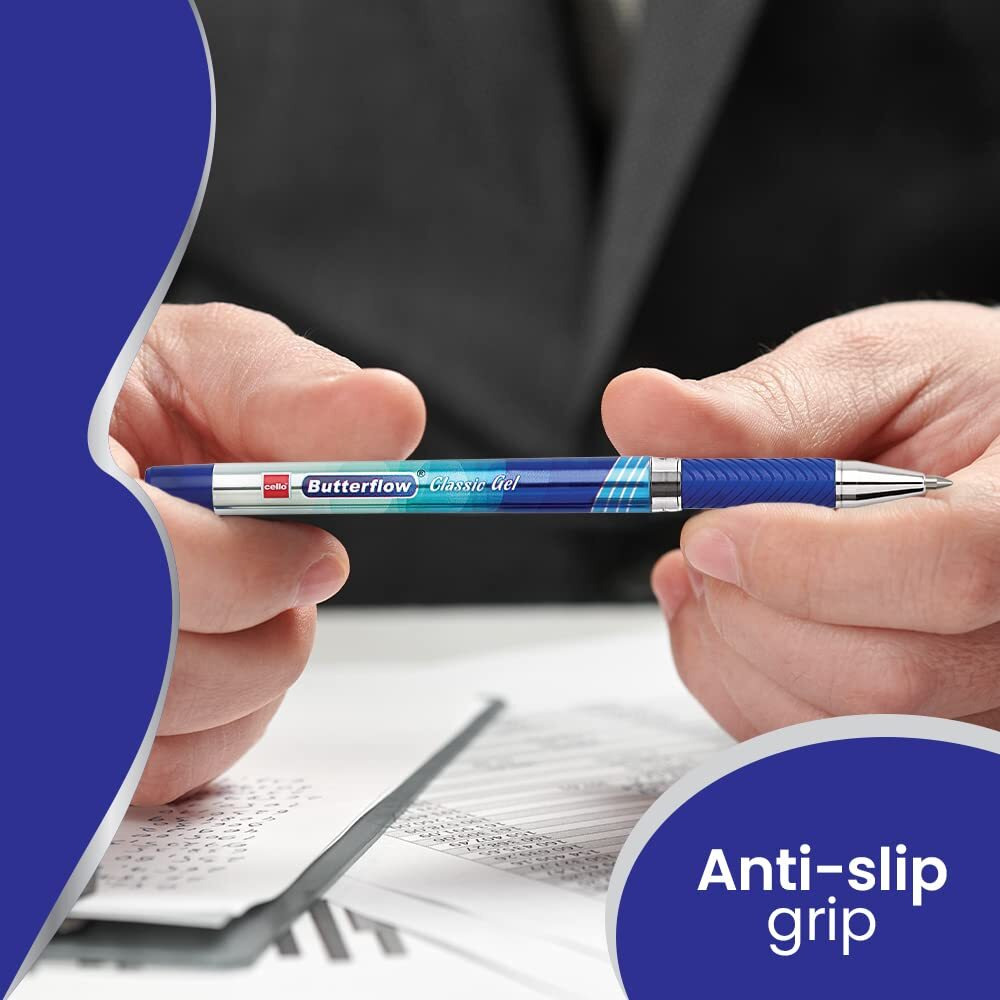Cello Butterflow Classic Gel Pen Set | Pack of 3 Gel Pens | 2 Blue & 1 Black Ink Colour Pens | Spring Tip | Smooth Writing Experience | For School and Office Use | Best Pen for Exams