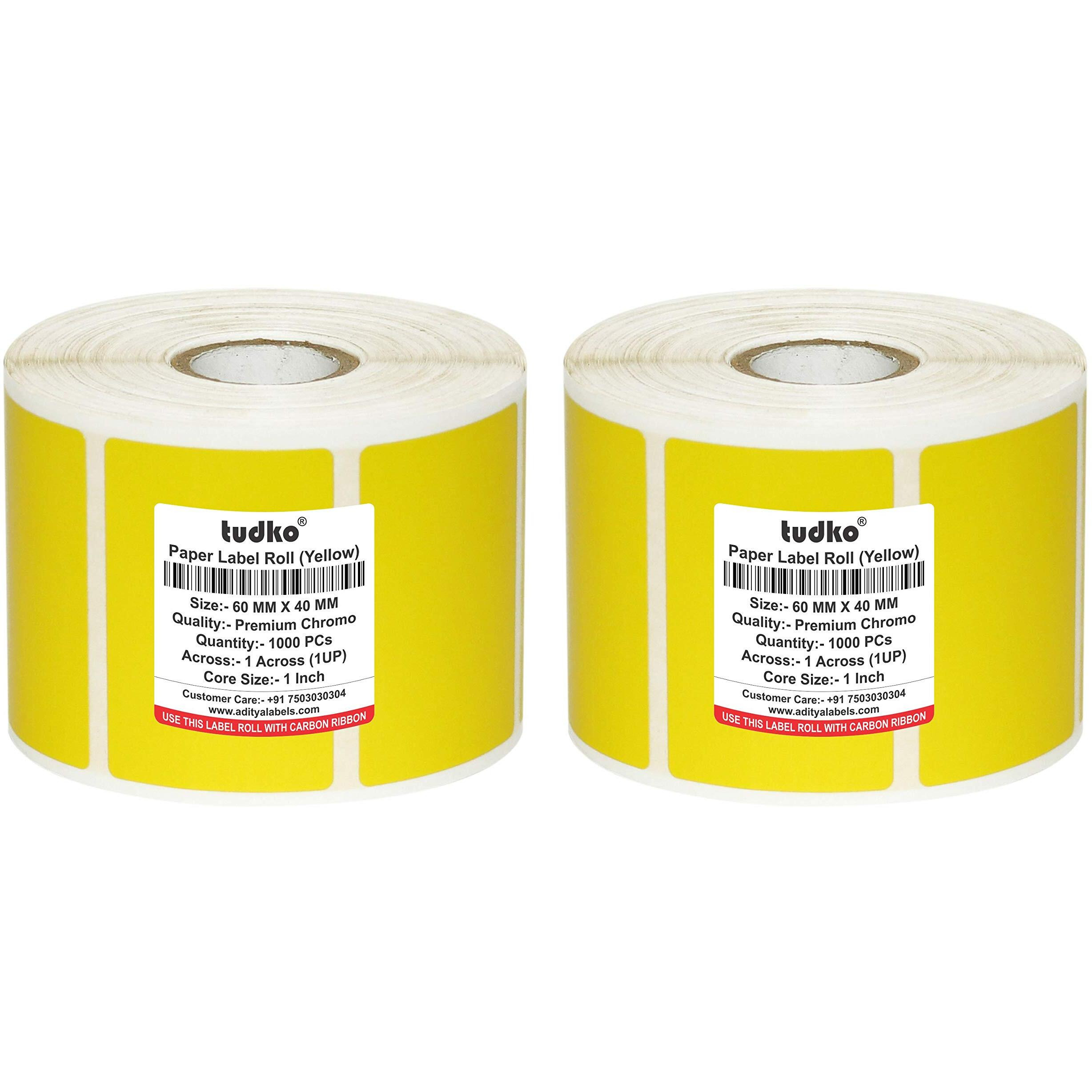 Tudko 60 mm X 40 mm (Yellow) Chromo Barcode Paper Labels, 1000 Labels in Roll, Print with Carbon Ribbon, Set of 2 Roll, Self Adhesive Paper Label Roll
