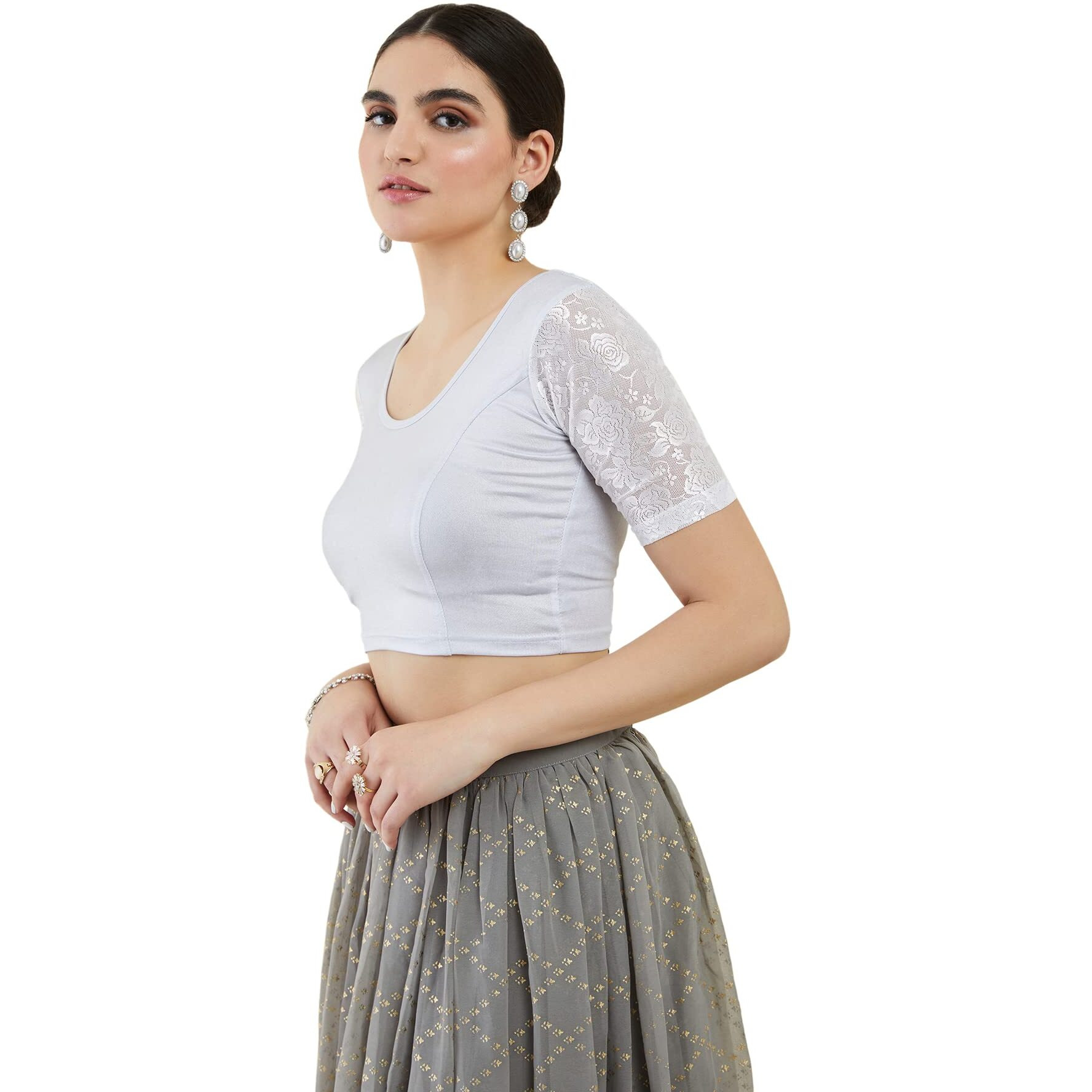 Soch Silver Spandex Princess Cut Blouse with Floral Sleeves