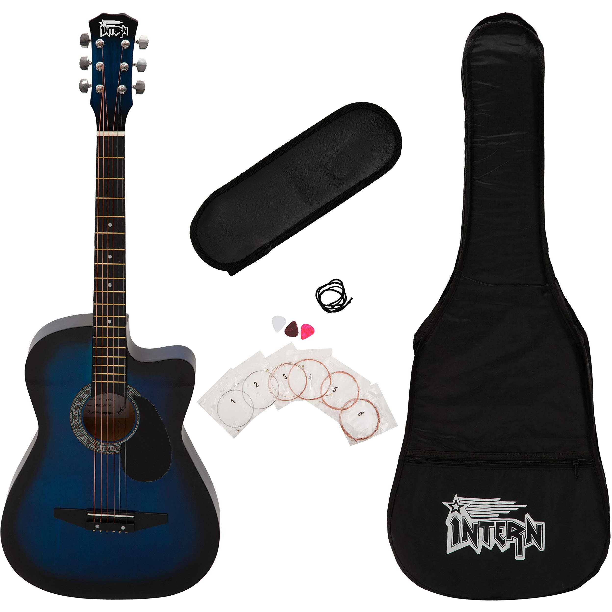 Intern INT-38C 38 Incheses basswood-BLS-G Cutaway Right HAnded Acoustic Guitar Kit, With Bag, Strings, Pick And Strap (Blue, 6 Strings)