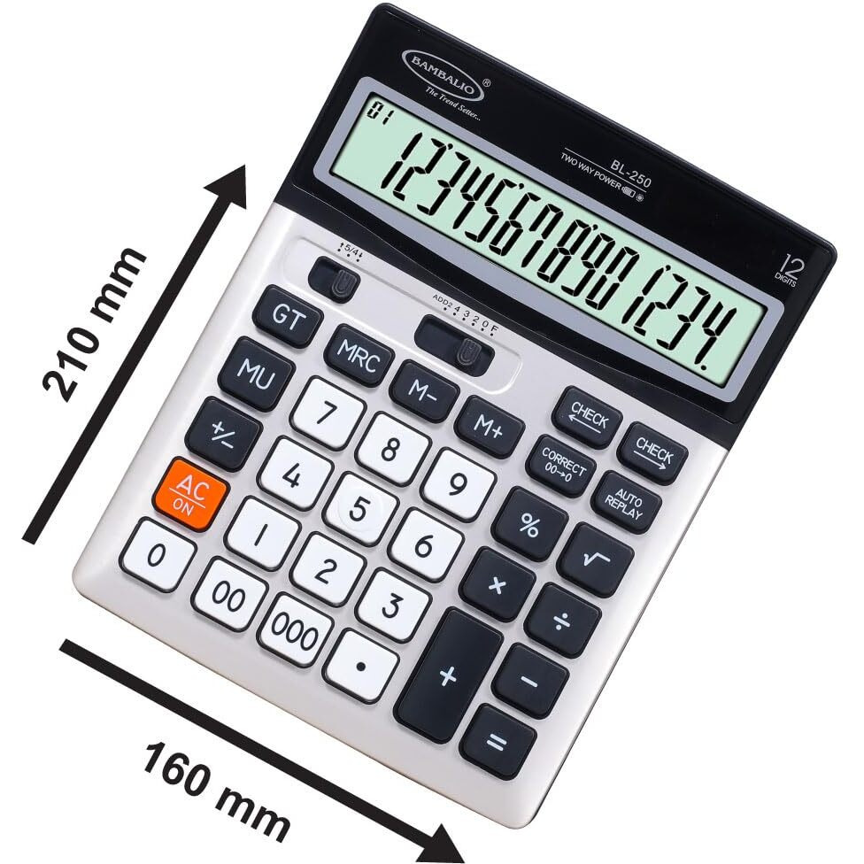 Bambalio 12 Digits BL-250 Large Display with Metallic Panel & 3 Years Warranty Electronic Calculator with 000 Key