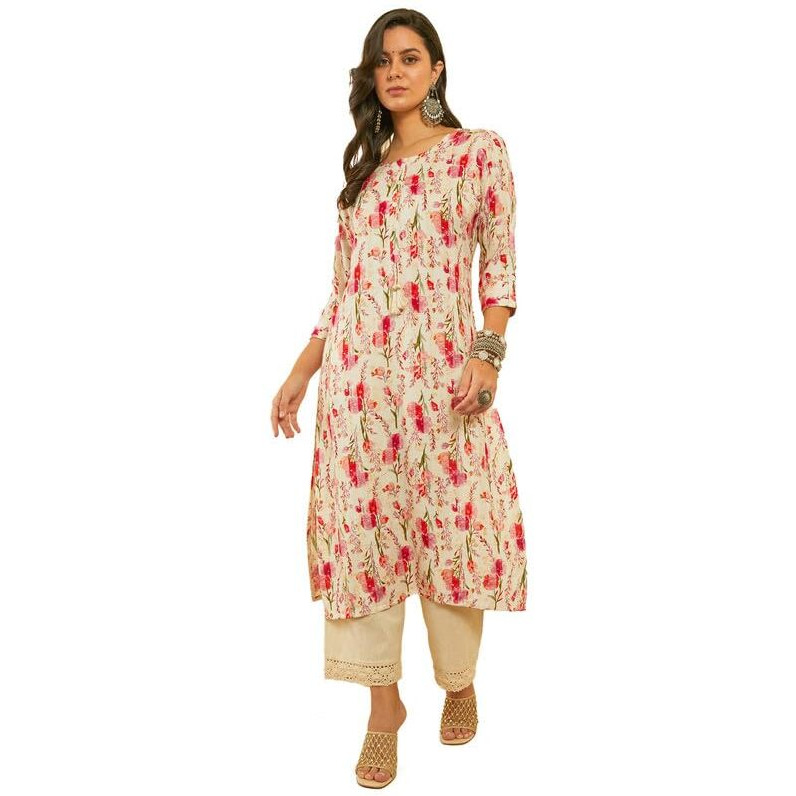 Soch Womens Fuchsia Straight Floral Print Rayon Kurta with Kantha Weave