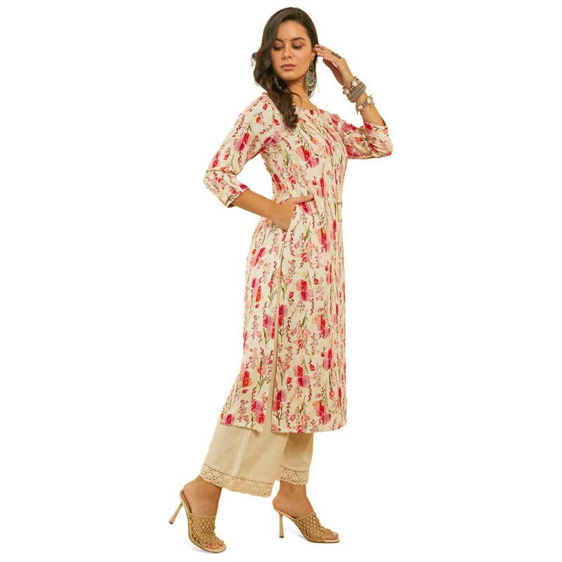 Soch Womens Fuchsia Straight Floral Print Rayon Kurta with Kantha Weave