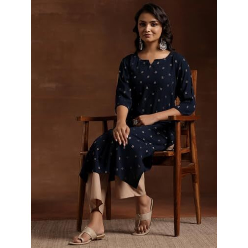 Libas Women's Cotton Ethnic Motifs Straight Kurta (29182O Blue