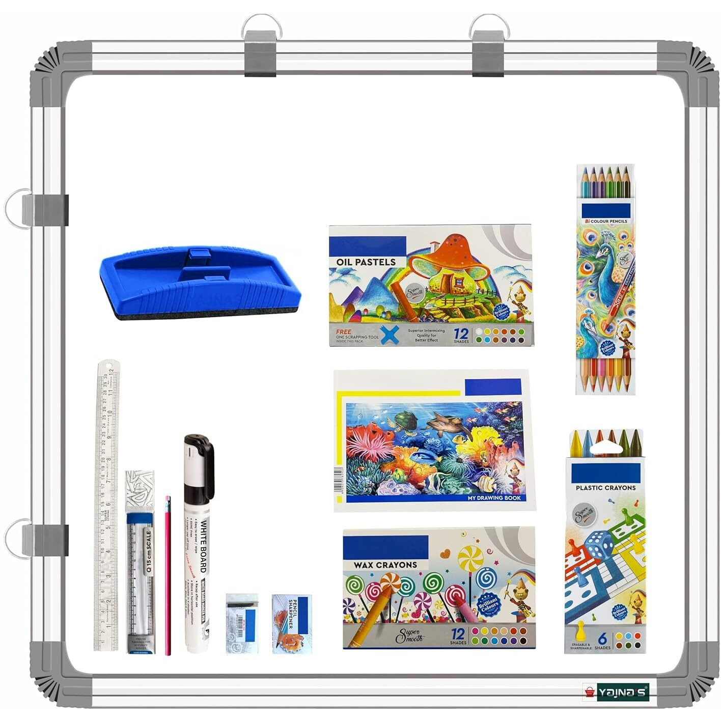 YAJNAS Non Magnetic 2x2 Feet Double Sided White and Chalk Board Both Side Writing Boards, one Side White and Reverse Side Chalk Board Surface (2x2 Beginners Art Combo Kit)