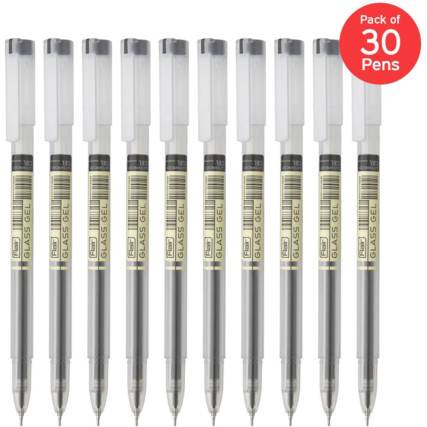 FLAIR Glass 0.6mm Gel Pen | Water Proof Ink For Smooth Flow System | Low-Viscosity Ink For Smudge Free Writing | Quick Dry Ink | Transparent Body With Fine Tip | Black ink, Pack of 30