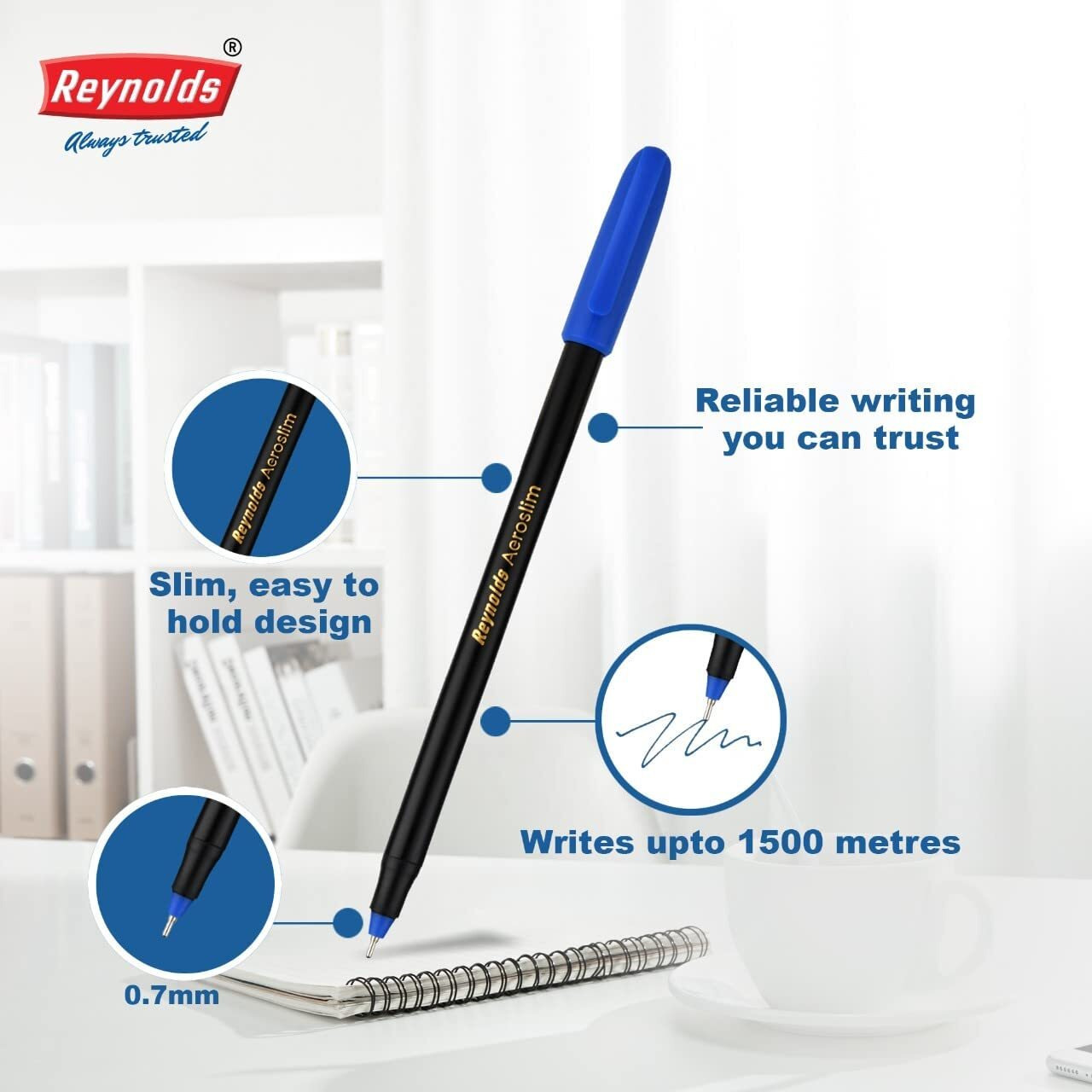 Reynolds AEROSLIM Ball Pen SET - 25 BLUE PENS WITH COMFORTABLE GRIP |BLUE BALL PENS FOR WRITING | PEN FOR STUDENTS & OFFICE STATIONERY | 0.7 mm TIP SIZE