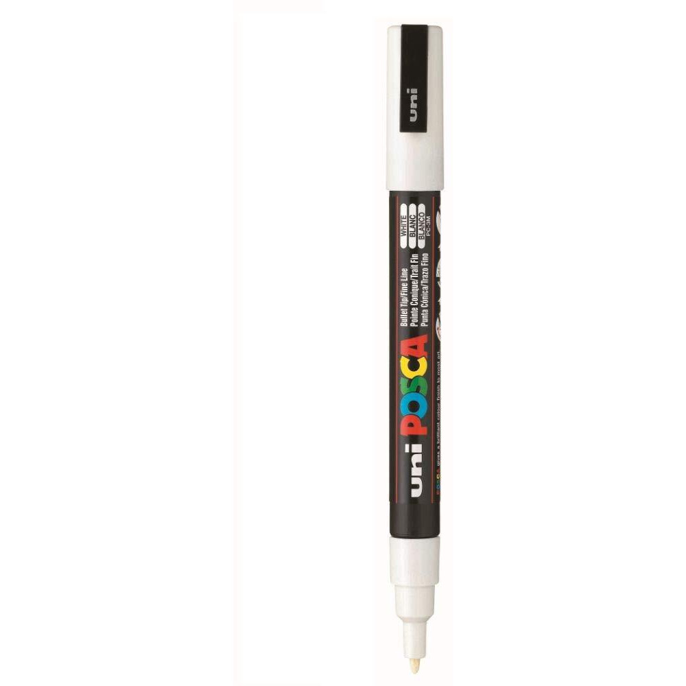 UNI-BALL Posca 3M 0.9-1.3 mm Bullet Shaped Paint Marker Pen | Reversible & Washable Tips | For Rocks Painting, Fabric, Wood, Canvas, Ceramic, Scrapbooking, DIY Crafts | White Ink, Pack of 1