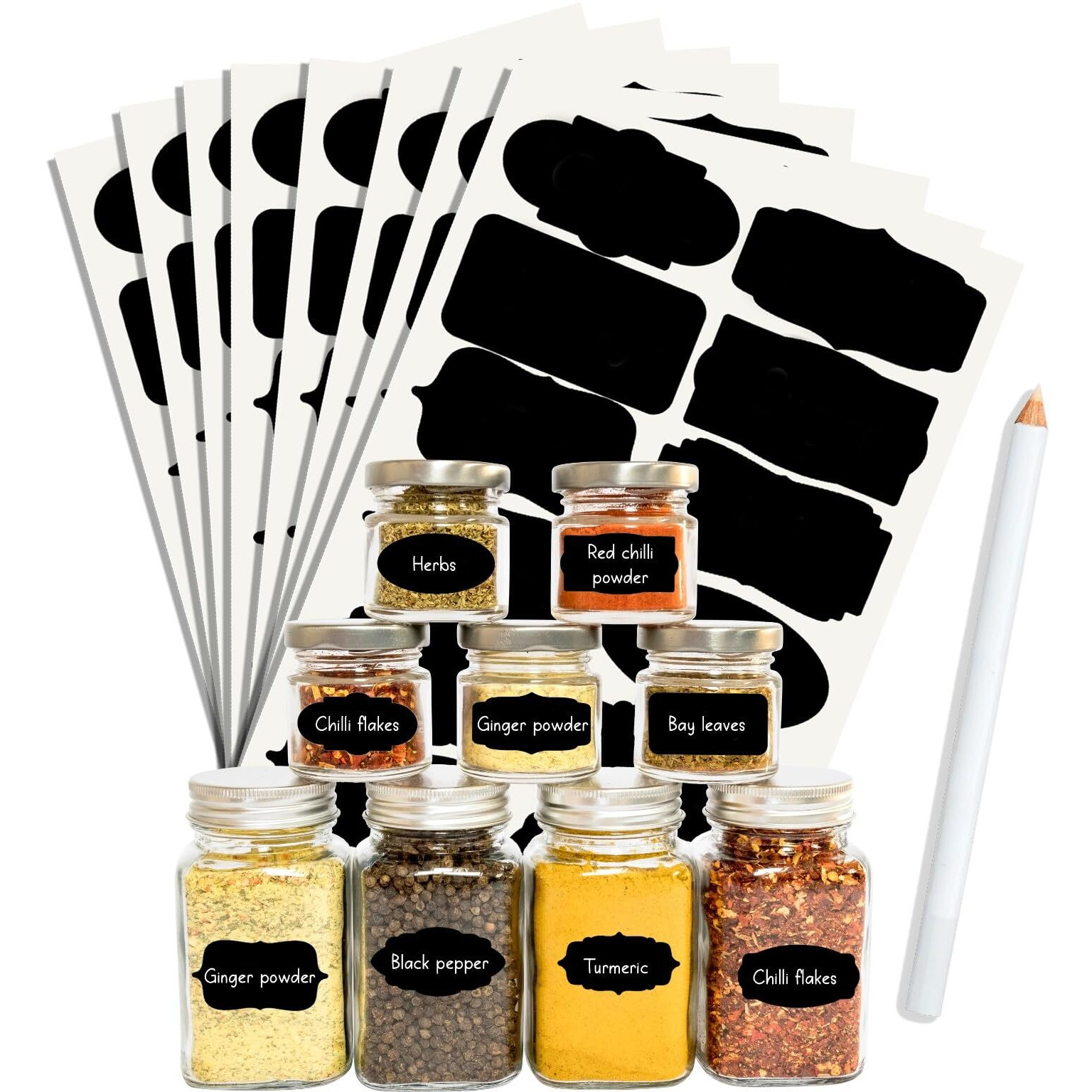 ROUSRIE Pack of 84 Reusable Waterproof Mason Jars Labels Kitchen Pantry,Spice Jars Glass Bottles  Best Stickers & Organizing Label with White Pencil