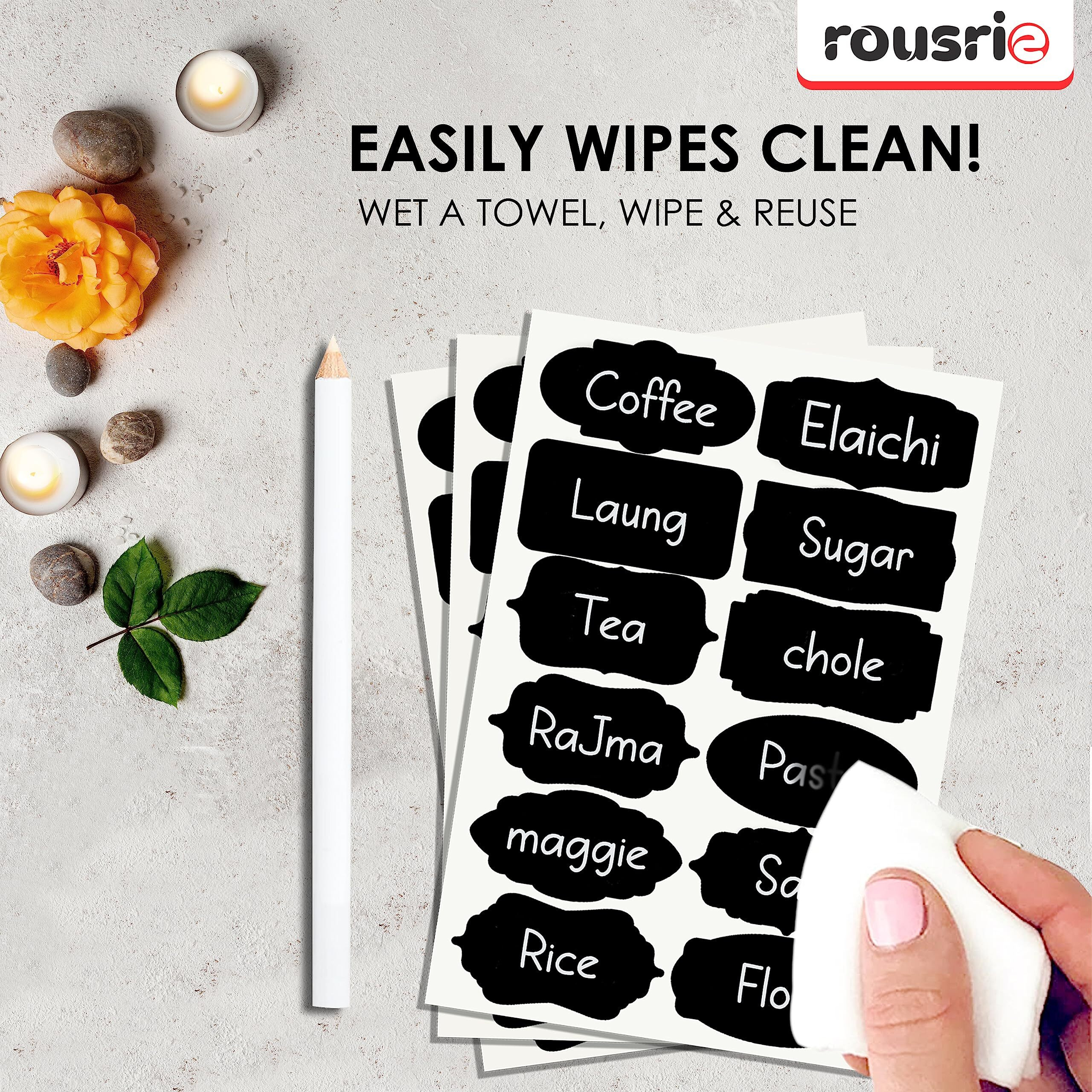ROUSRIE Pack of 84 Reusable Waterproof Mason Jars Labels Kitchen Pantry,Spice Jars Glass Bottles  Best Stickers & Organizing Label with White Pencil