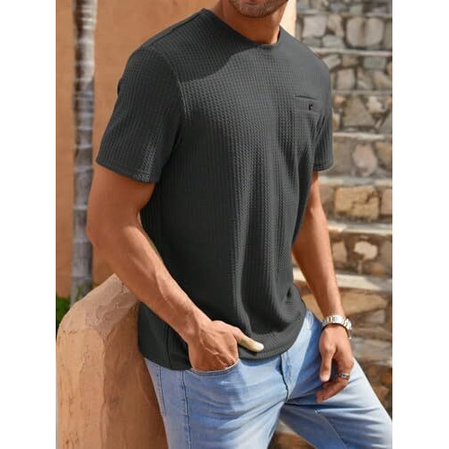 TAGDO Men's Waffle Knitted Crew Neck Regular Fit Tees (Waffle-5154-Dark Grey-M)