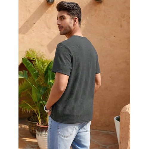 TAGDO Men's Waffle Knitted Crew Neck Regular Fit Tees (Waffle-5154-Dark Grey-M)