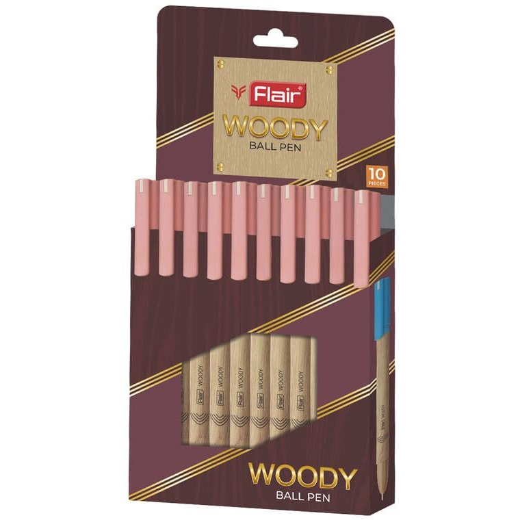 FLAIR Woody Ball Pen Wallet Pack | 0.7 mm Tip Size | Attractive Woody Design | Smooth Ink Flow System With Low-Viscosity Ink | Smudge Free Writing | Red Ink, Set Of 10 Pens