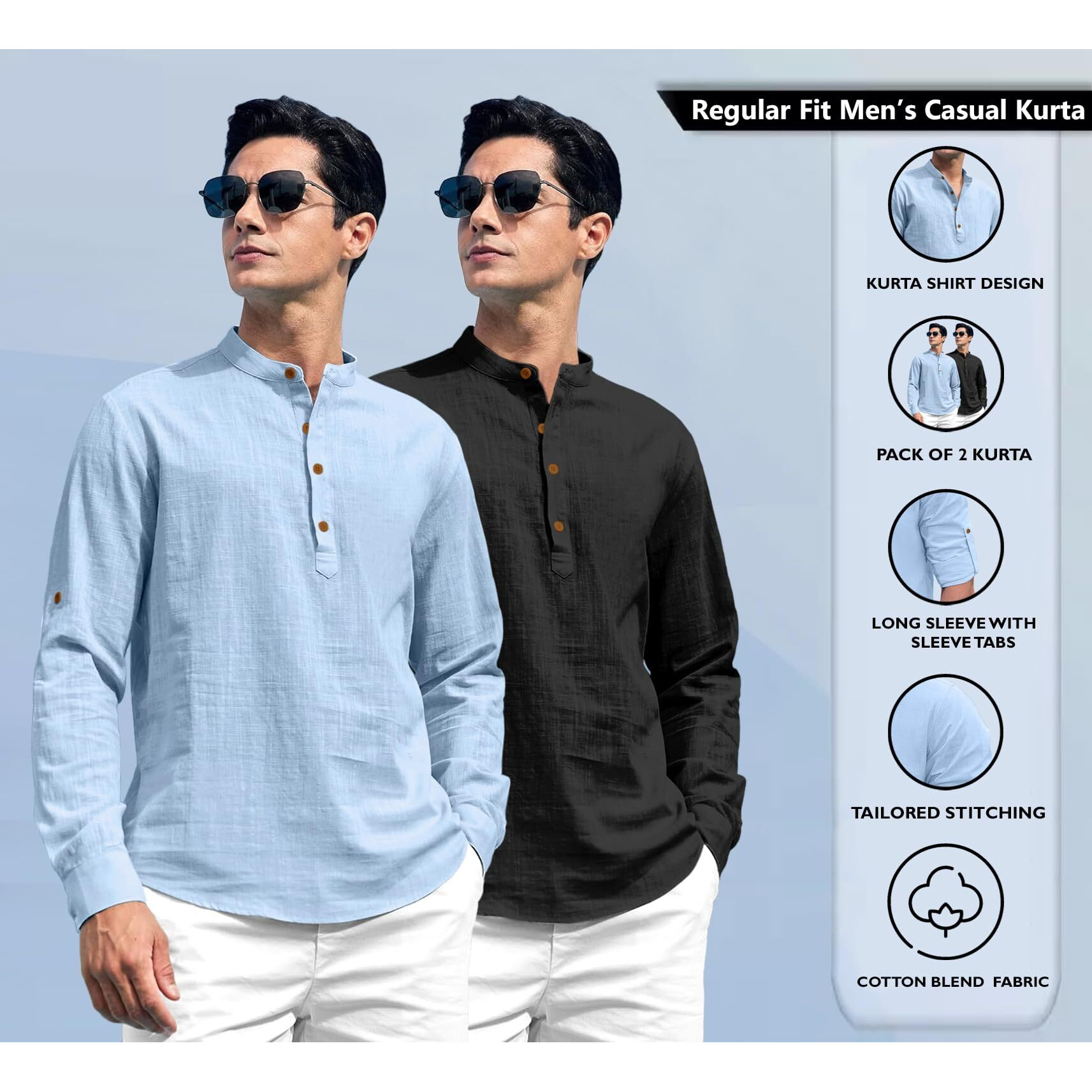 Zombom Combo of Men's Solid Cotton Blend Full Sleeve Straight Kurta Shirt (Pack of 2) Sky Blue-Black