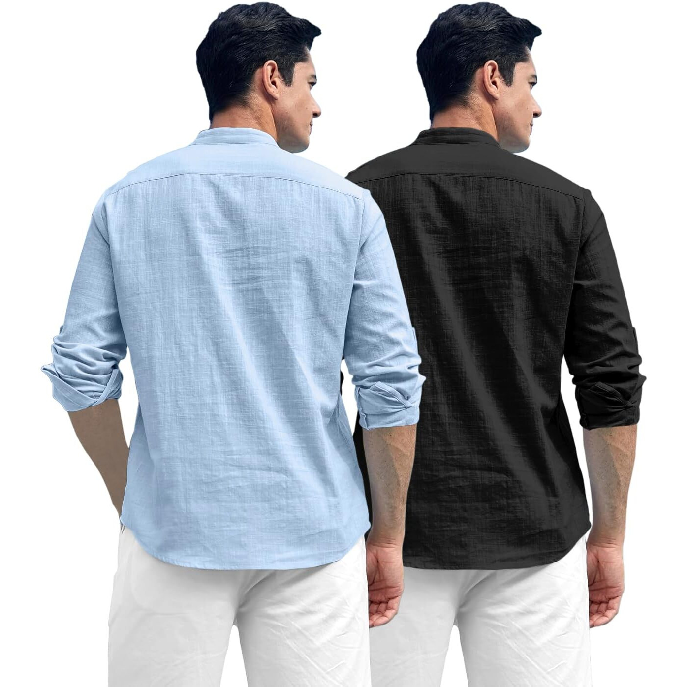 Zombom Combo of Men's Solid Cotton Blend Full Sleeve Straight Kurta Shirt (Pack of 2) Sky Blue-Black