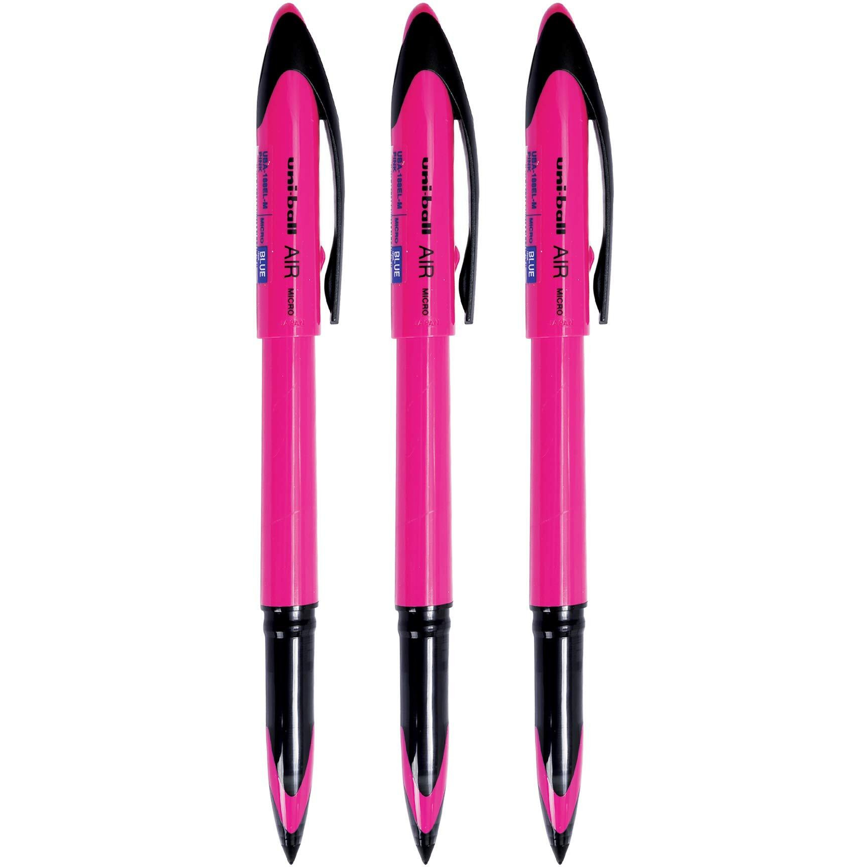 UNI-BALL Air Micro UBA 188 ELM 0.5mm Roller Ball Pen | Pink Body, Blue Ink, Pack of 3