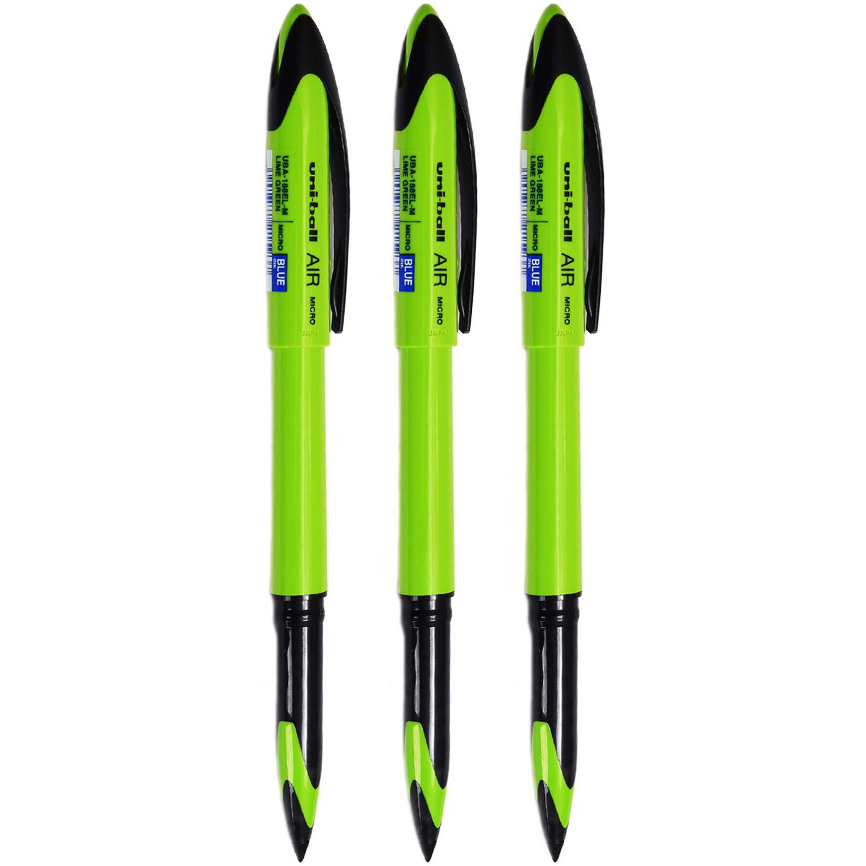 UNI-BALL Air UBA188ELM 0.5mm Roller Ball Pen | Lime Green Body, Blue Ink, Pack of 3