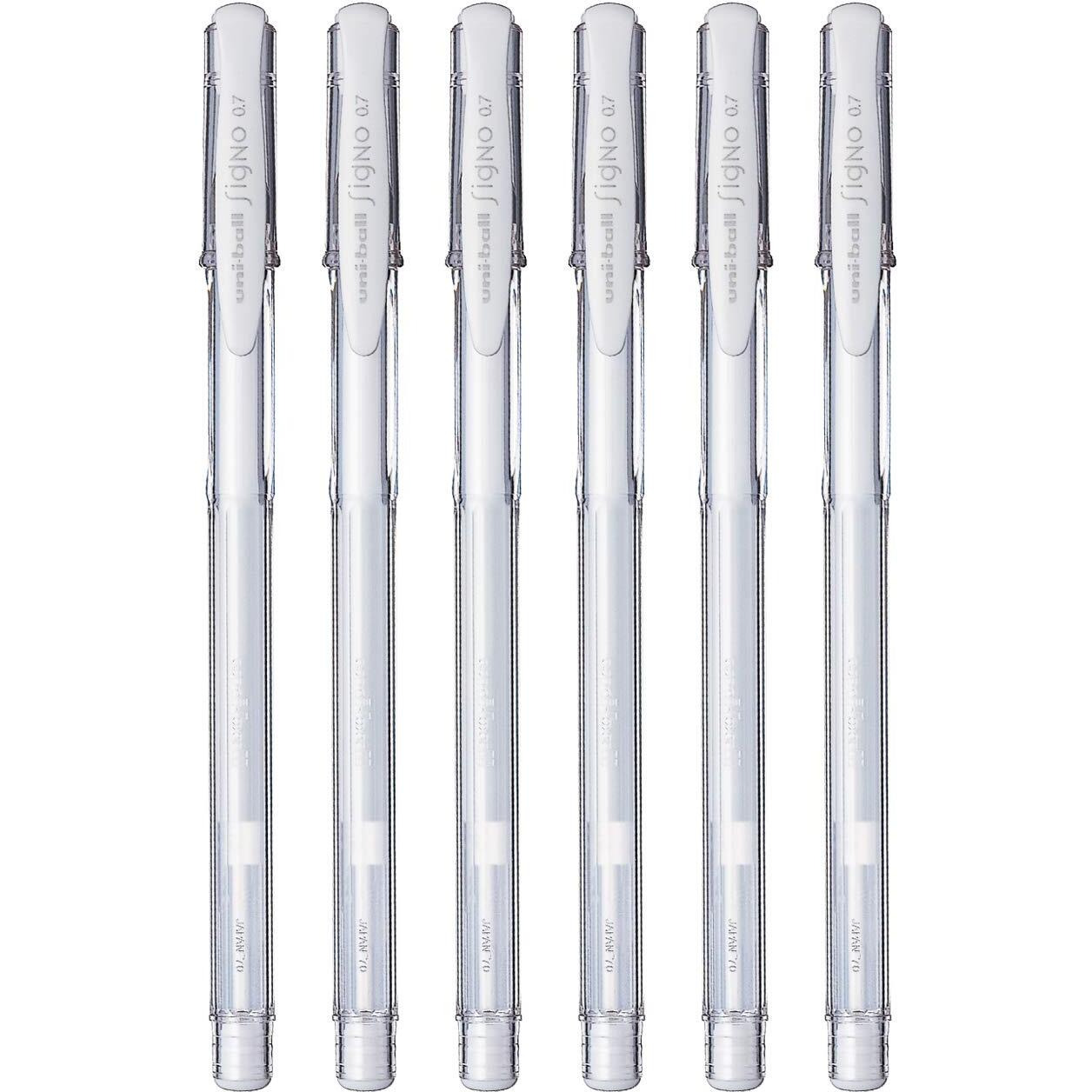 UNI-BALL Signo UM-100 0.7mm Gel Pen | Extremely Quick Drying Ink | Transparent Sleek Body | Smooth Long Lasting Smudge Free Ink | School and Office stationery | White Ink, Pack of 6