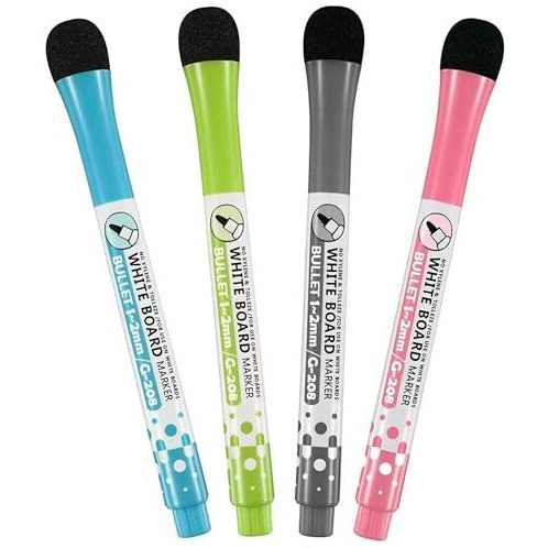 GLUN White Board Markers Attached Top Cap Duster, 4 Bright Effect Highlighter Pens, Dazzling Colours, Quick Dry and Wet Cleaning, No Smearing
