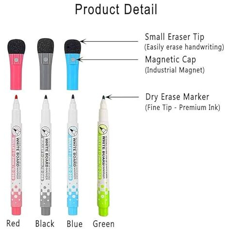GLUN White Board Markers Attached Top Cap Duster, 4 Bright Effect Highlighter Pens, Dazzling Colours, Quick Dry and Wet Cleaning, No Smearing