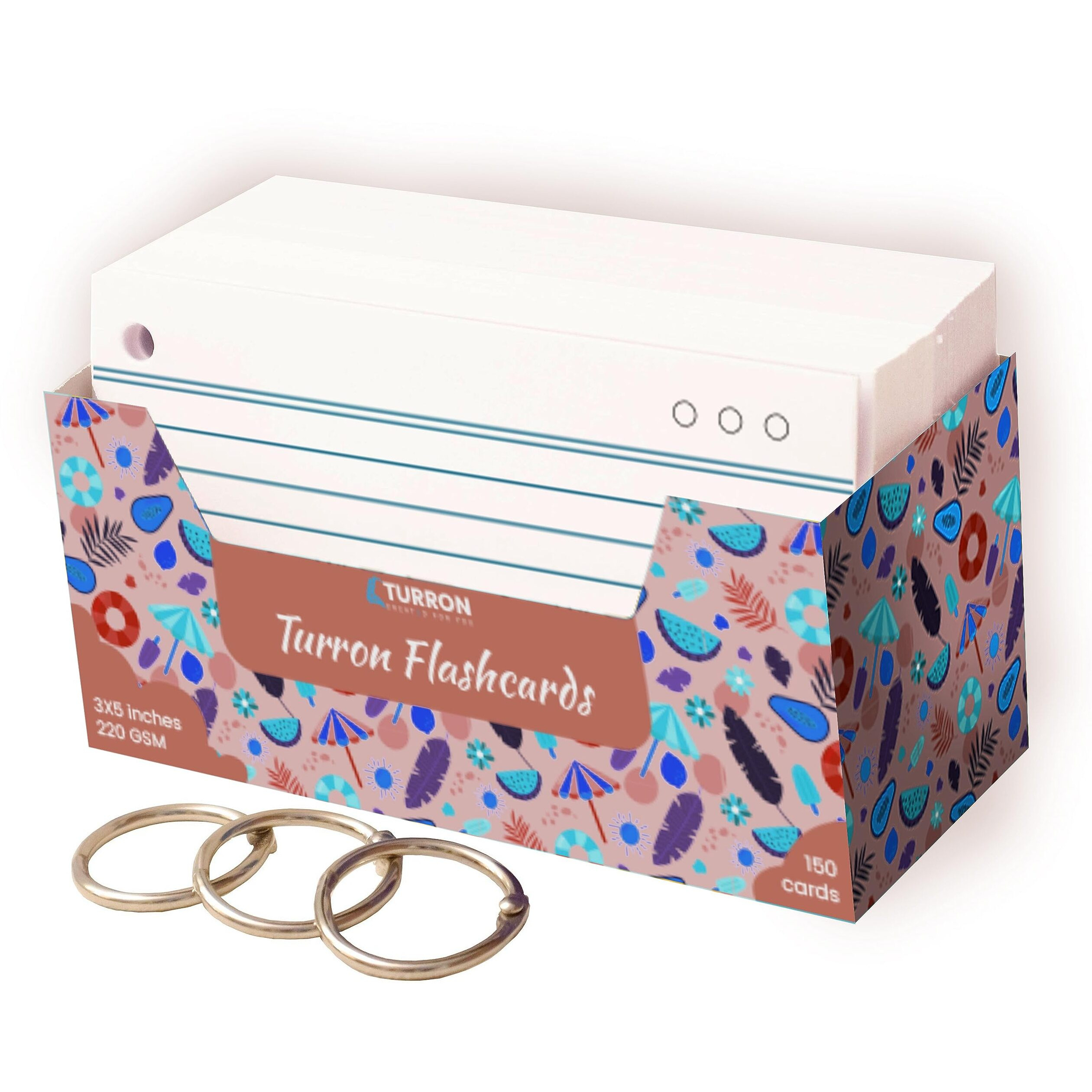 Turron Both Sides Ruled Index Flash Cards - Suitable for Study, Home and Work Notes - Free Binder Rings - 220 GSM Thick - 3 x 5 inches