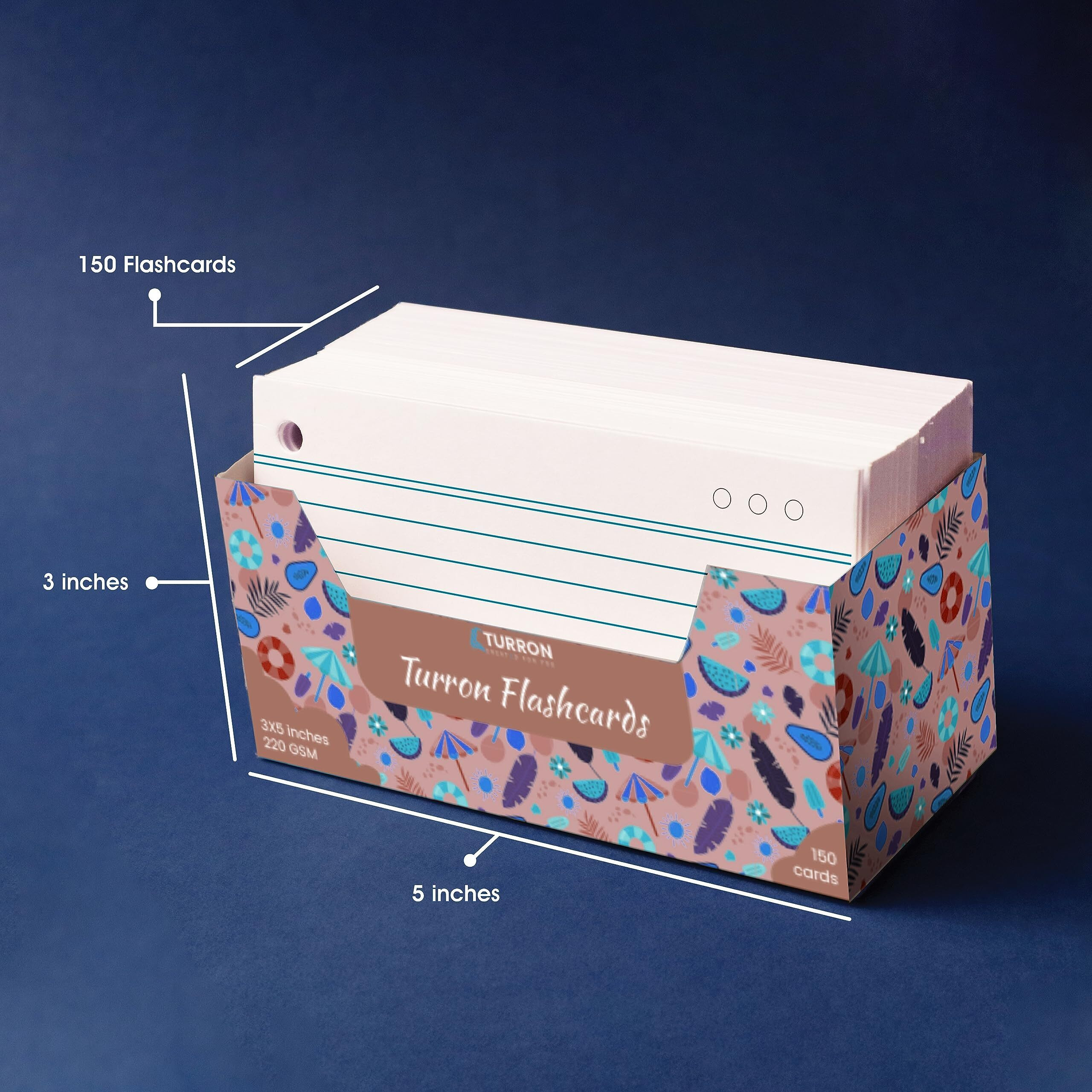 Turron Both Sides Ruled Index Flash Cards - Suitable for Study, Home and Work Notes - Free Binder Rings - 220 GSM Thick - 3 x 5 inches