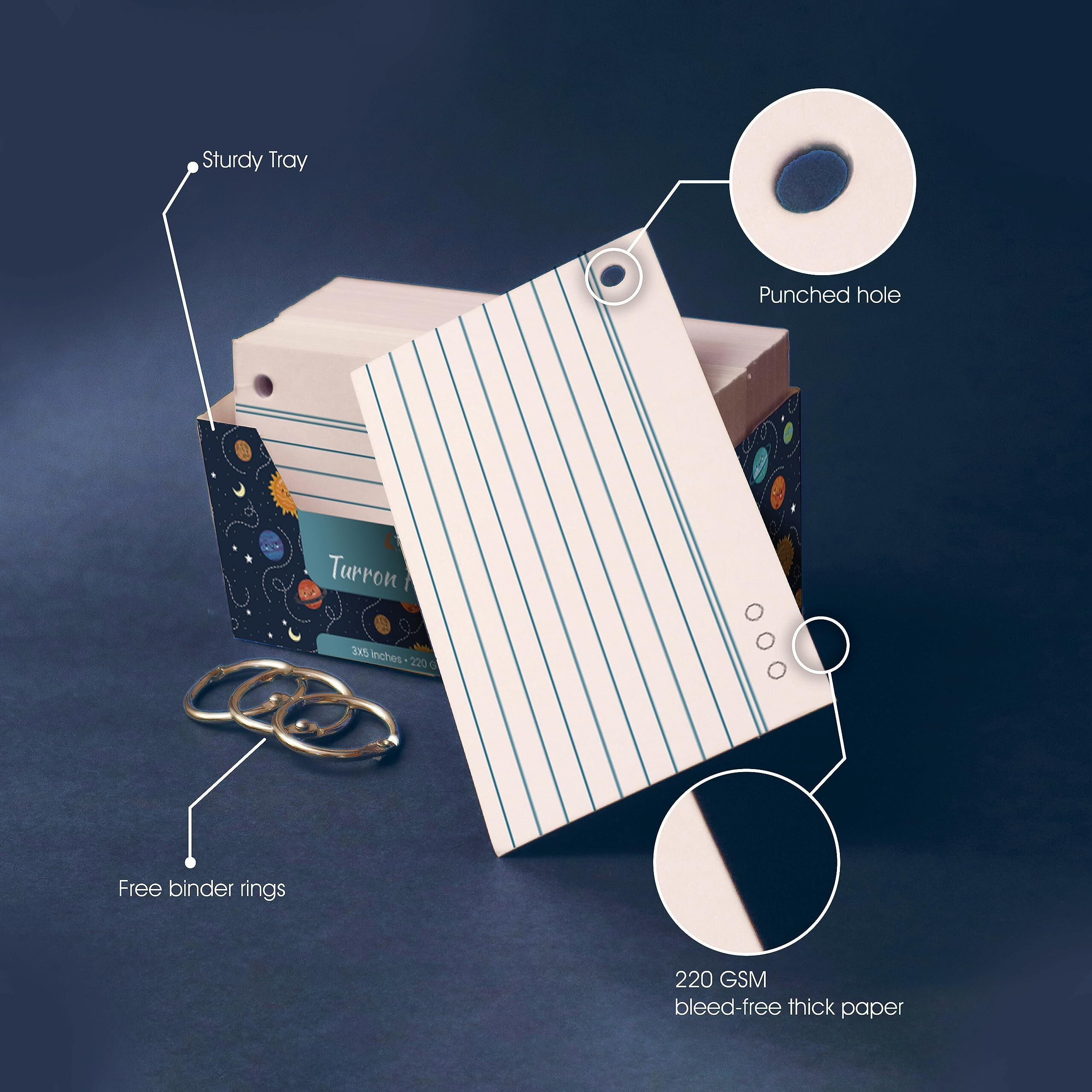 Turron Both Sides Ruled Index Flash Cards - Suitable for Study, Home and Work Notes - Free Binder Rings - 220 GSM Thick - 3 x 5 inches