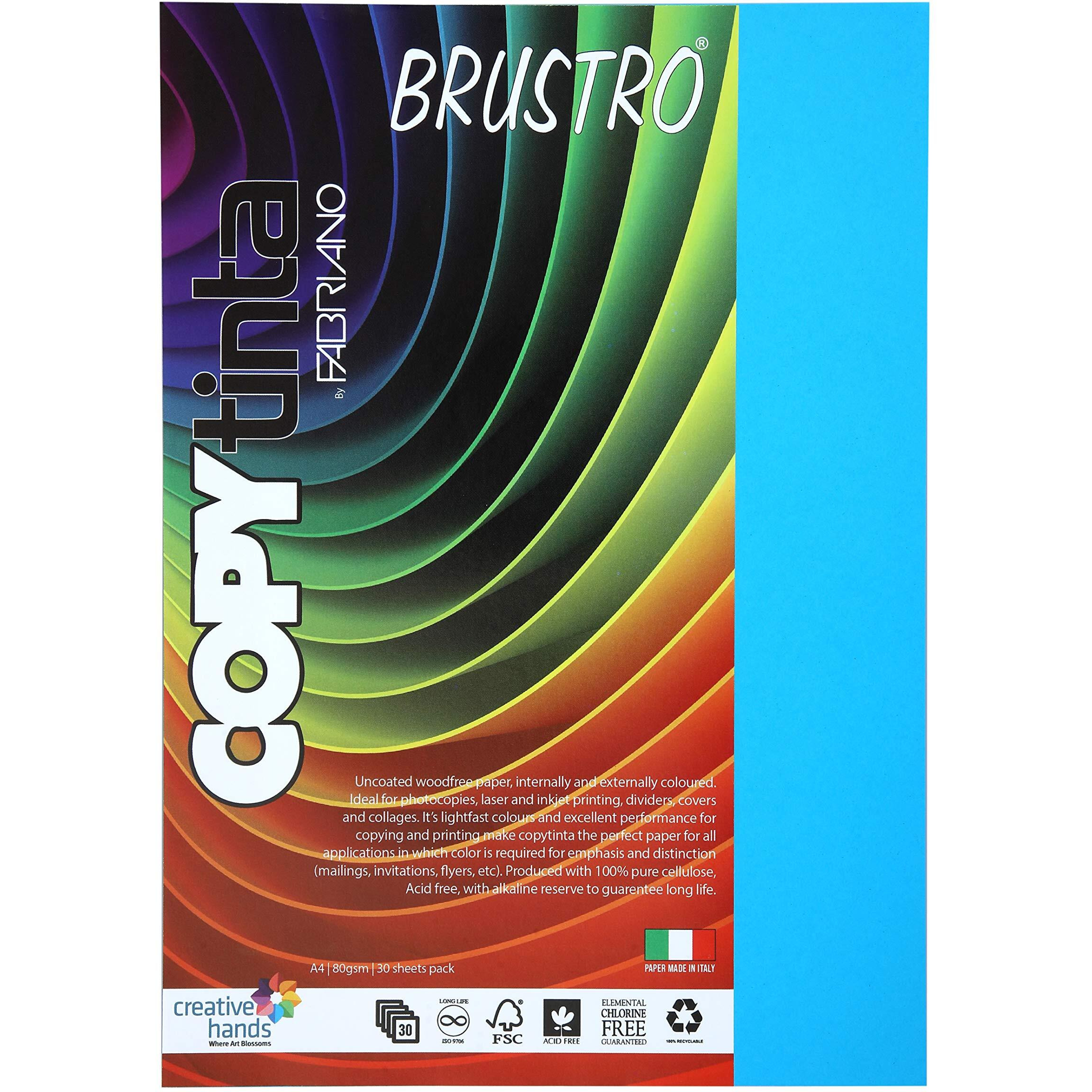 BRUSTRO Copytinta Coloured Craft Paper A4 Size 80 GSM Bright Blue Shade (AZZURRO), 30 Sheets Pack. Double Side Coloured for Office Printing, Art, Origami, Craft.