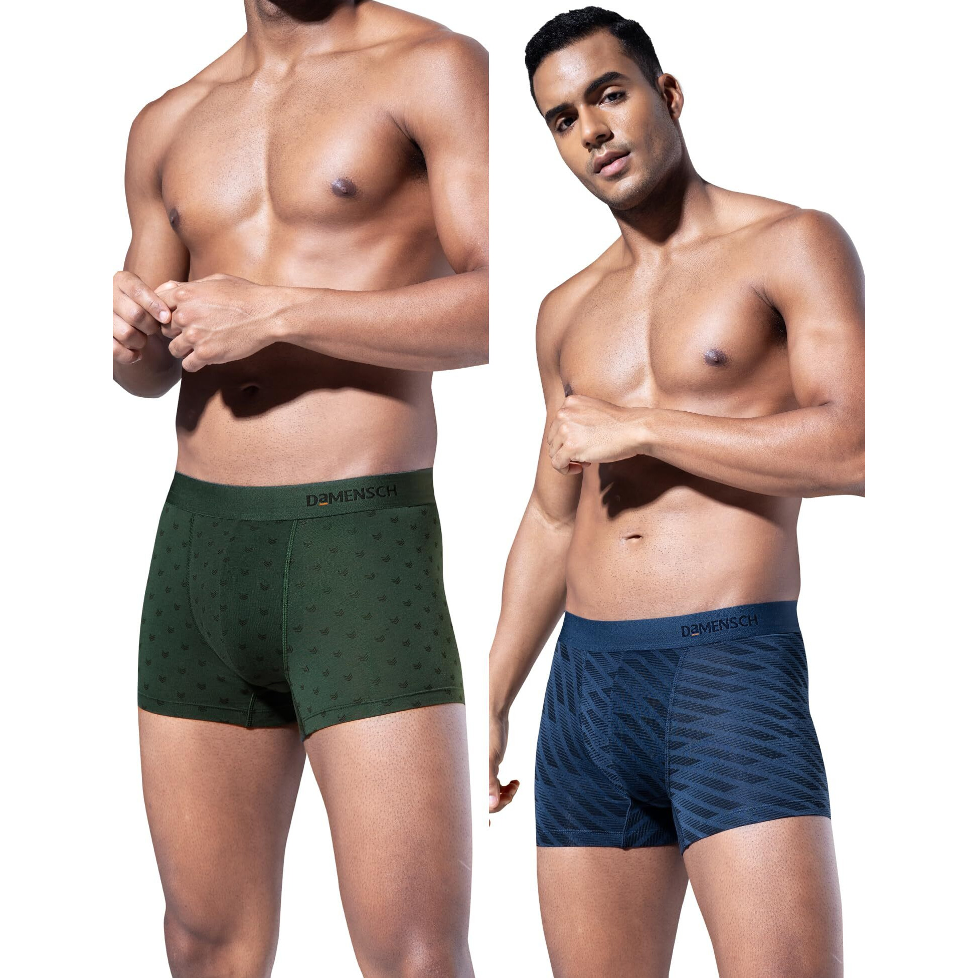 DAMENSCH Deo-Soft Men's Odour-Cancelling Supima-Modal Soft Trunks- Pack of 2- Darted Green, Comet Blue- Medium
