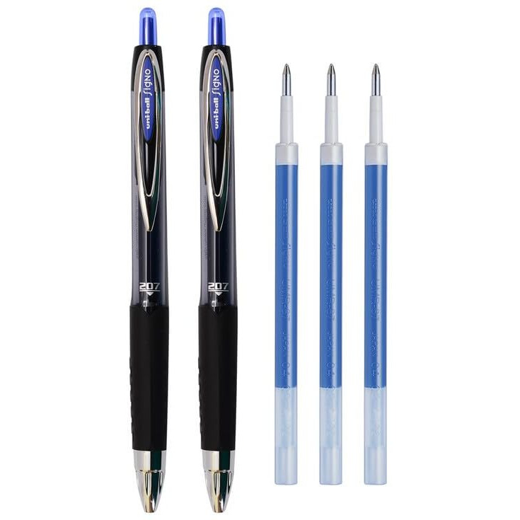 uni-ball Signo 0.7mm UMN207 & UMR-87 Gel Pen - Refill Combo | Blue Ink, 2 Pcs Pens with 3 Pcs Refills
