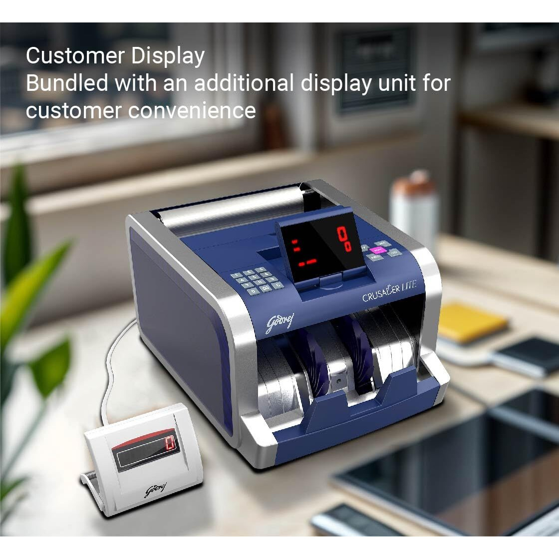 Godrej Security Solutions Bill Counter Crusader Lite Cash/Currency Counting Machine 1000 Notes/Min With Customer Display Unit | Fully Automatic & UV, MG & IR Sensors | Fake Note Detector For Bank Home